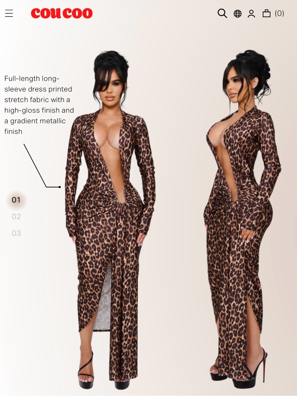 CouCOO Deep Plunge Long Sleeve Leopard Maxi Dress - Brown